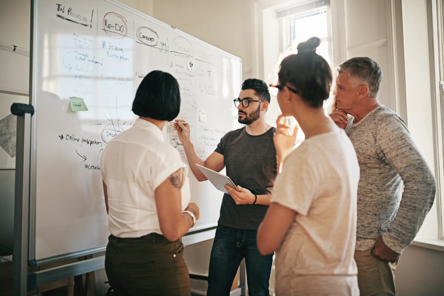 Agency team talking through a plan at a whiteboard