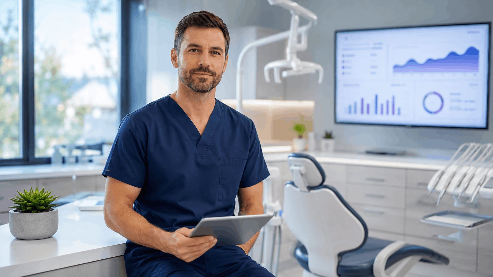 Dentist with a tablet in his practice, results dashboard on screen