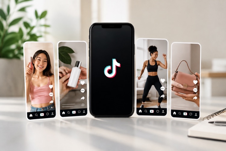 Smartphone displaying the TikTok logo surrounded by short-form video ads for different products