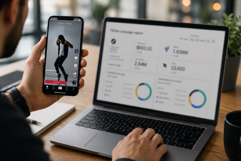 A marketer reviewing a TikTok campaign performance report on a laptop while holding a phone showing a TikTok ad