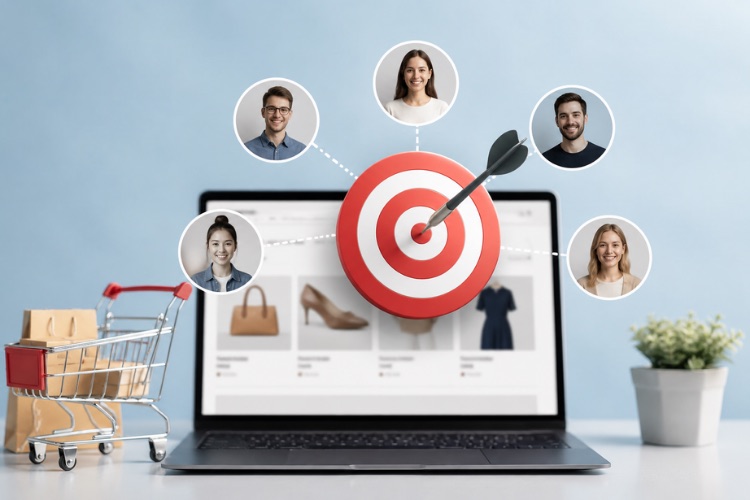 A laptop showing an online store with a bullseye target and customer profile photos around it, beside a shopping cart of packages