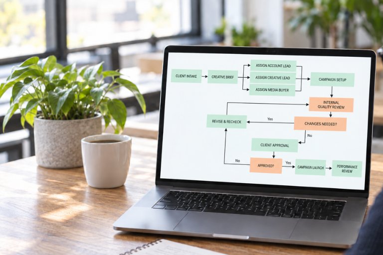 A laptop on a desk displaying an agency campaign workflow flowchart, from client intake and creative brief through internal quality review, approval and campaign launch