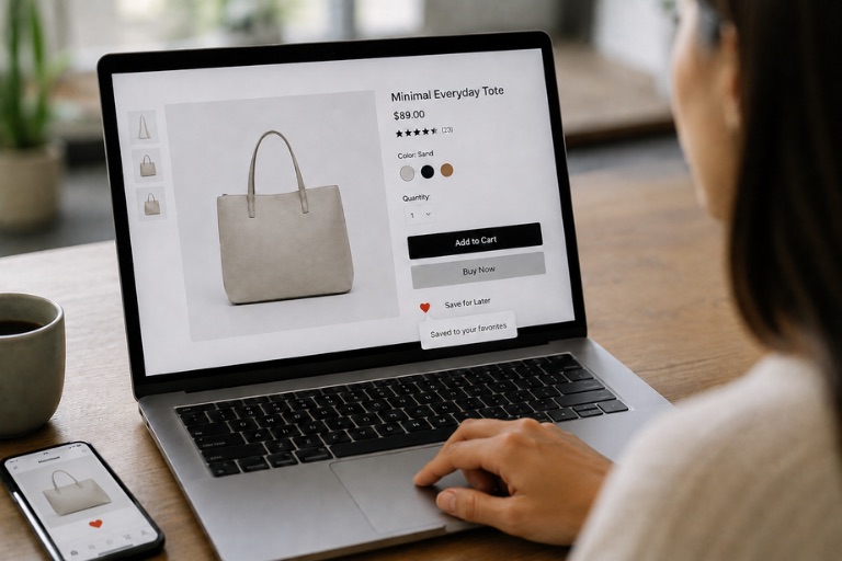 A shopper viewing a saved tote product page on a laptop with the same item favorited on her phone, illustrating retargeting a returning shopper