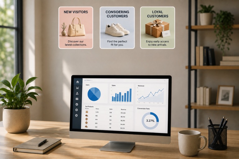 Three tailored ad creatives for New Visitors, Considering Customers, and Loyal Customers above an ecommerce analytics dashboard