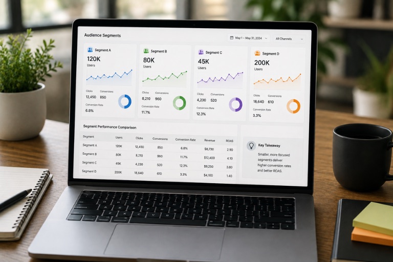 An audience segments dashboard comparing four segments’ clicks, conversions, and ROAS, noting smaller focused segments convert better