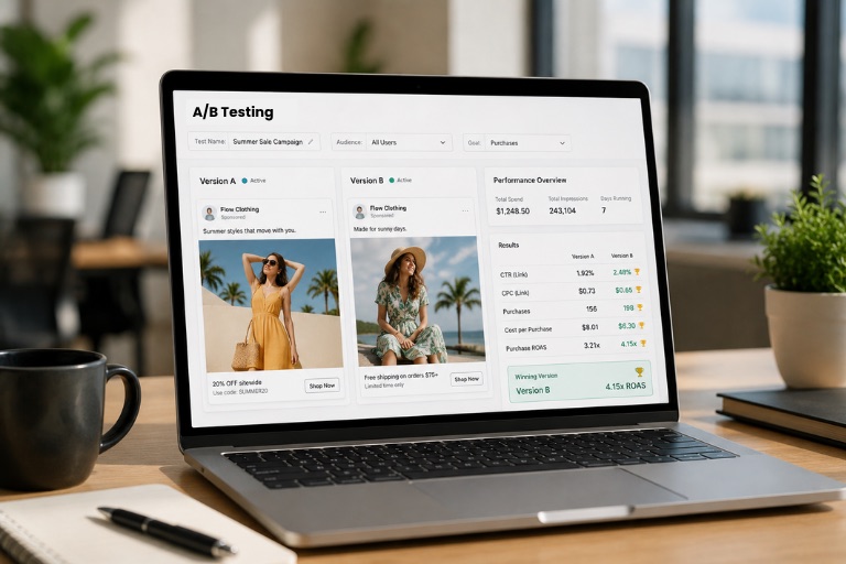 A laptop A/B testing dashboard comparing two ad versions with a winning variant highlighted at 4.15x ROAS