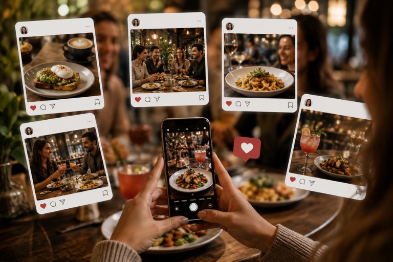 A diner photographing their plated meal, surrounded by customers’ Instagram posts of restaurant dishes and happy guests