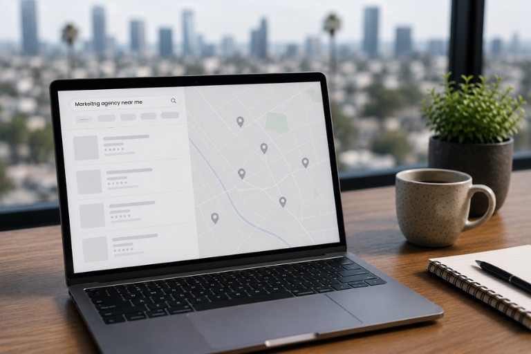 A laptop showing a Marketing agency near me local search with map pins, set against a Los Angeles skyline through the window