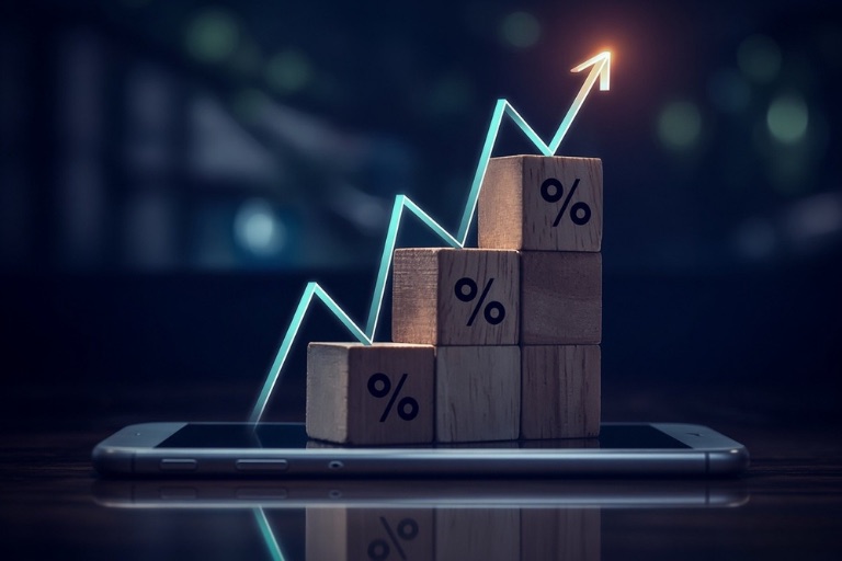 Wooden blocks marked with percent signs rising like a staircase on a smartphone, with a glowing upward arrow signaling rising ad-spend returns