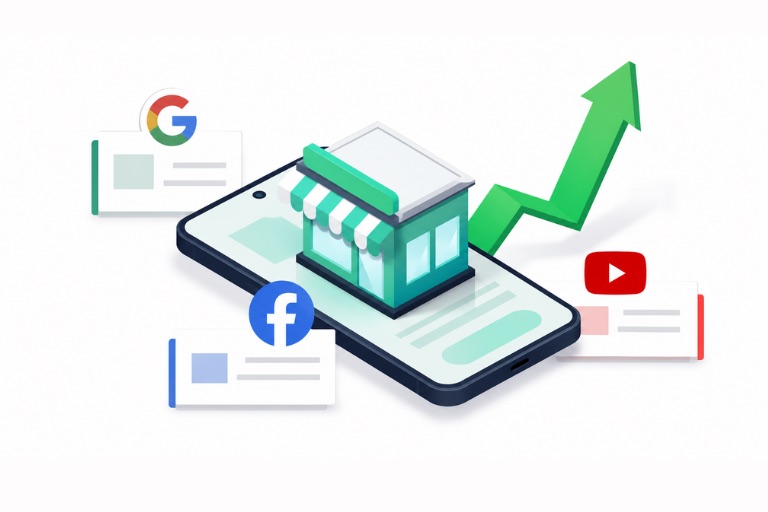 An isometric online storefront on a phone with a rising green arrow and Google, Facebook, and YouTube ad cards, showing ecommerce growth