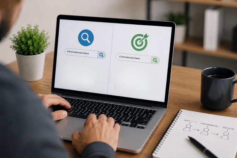 A laptop screen split between an Informational Intent search and a Commercial Intent search, beside a notepad sketch of an awareness to decision funnel