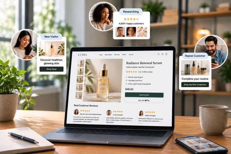 An online skincare store on a laptop with New Visitor, Researching, and Repeat Customer callouts showing different buying stages