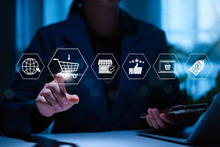 A person touching a row of glowing e-commerce icons, including a cart, storefront, reviews, and a sale tag, representing stages of buying intent
