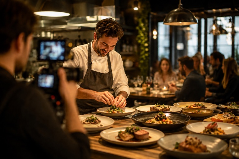 A chef being filmed while plating a spread of dishes at the counter as guests dine in the background