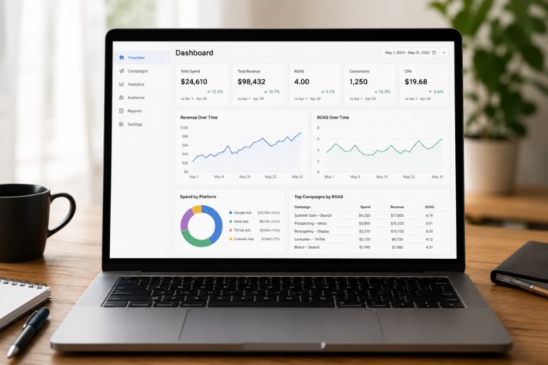 A laptop marketing dashboard showing spend, revenue, ROAS, and top campaigns, with insights drawn from customer and campaign data
