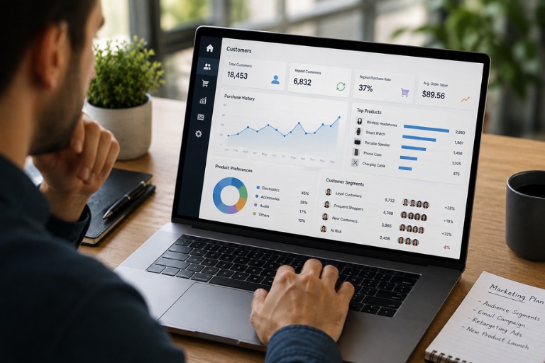 A person reviewing an ecommerce customer analytics dashboard with purchase history, product preferences, and audience segments