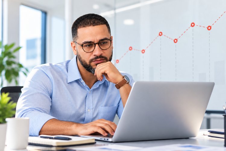 A person in glasses working on a laptop in front of a red dashed line zigzagging up and down across the wall behind them, illustrating an uneven, non-linear path to conversion