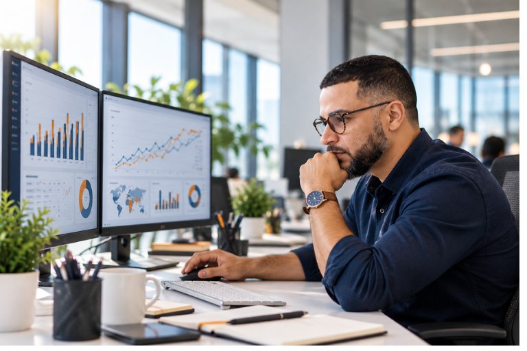 A marketing professional at a desk comparing analytics dashboards across two monitors in a bright modern office, where the numbers on each screen tell a slightly different story