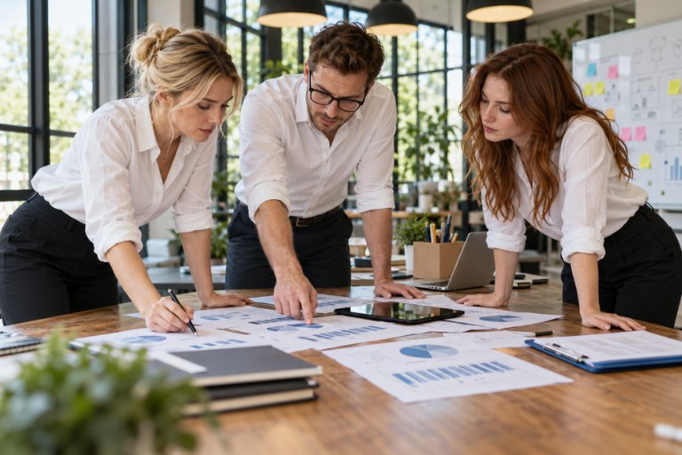 Three colleagues leaning over a table covered in printed charts and reports, pointing at a tablet as they work out which services their accounts are missing