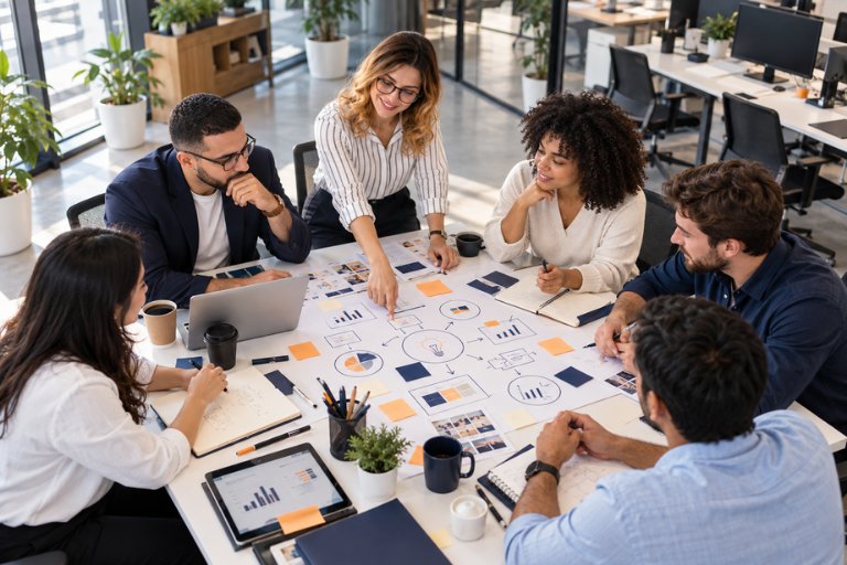 An agency team gathered around a table mapping out a plan on a large diagram of charts and sticky notes, planning how to expand their offering