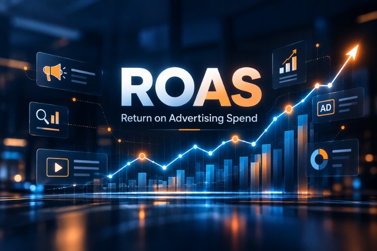 A dark blue graphic headed ROAS, Return on Advertising Spend, with a rising line and bar chart surrounded by icons for ads, analytics, video and promotion