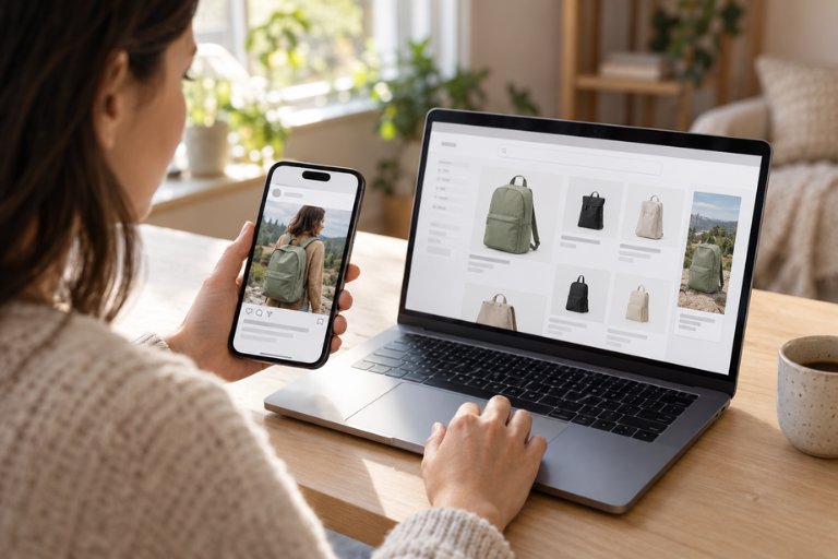 A shopper holding a phone showing a social post for a backpack while browsing the same product range on a laptop store page, a journey spanning several touchpoints